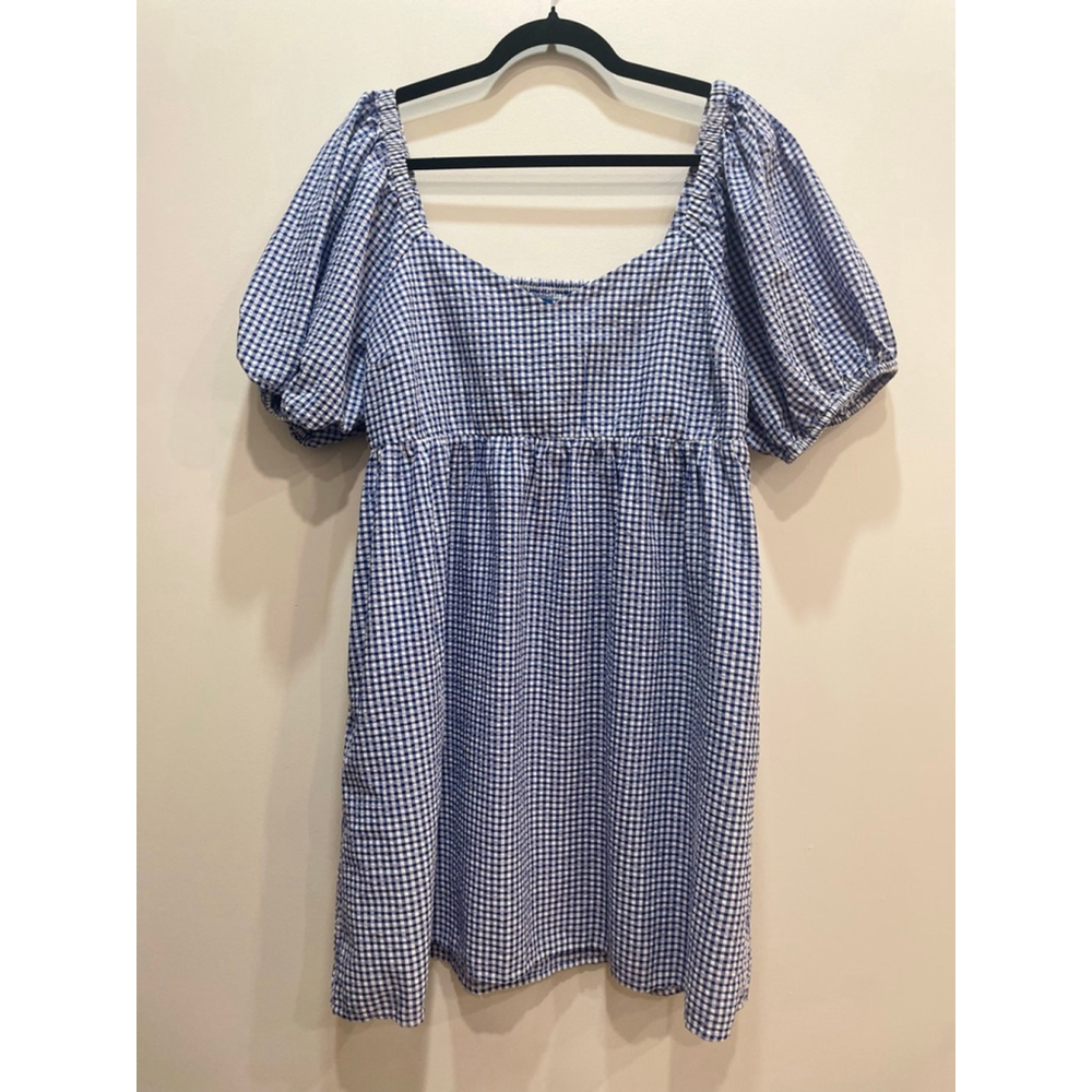 Old Navy Gingham Seersucker Puff Sleeve Babydoll Dress L Smocked Cottagecore
